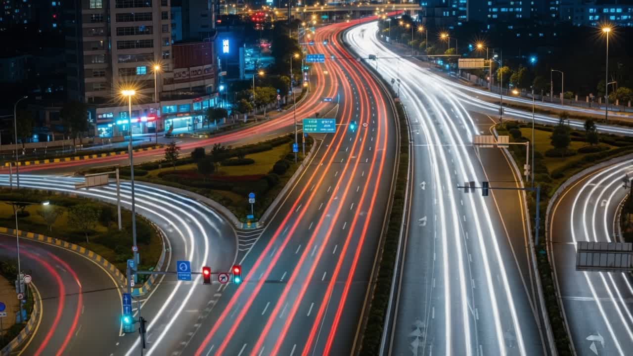 A mesmerizing view of a bustling urban highway at night, showcasing the dynamic light trails from moving vehicles and vibrant city infrastructure