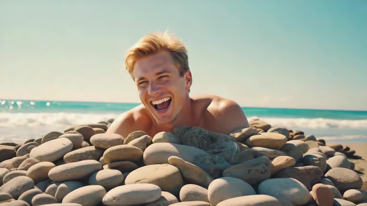Man smiling in stones on a beach