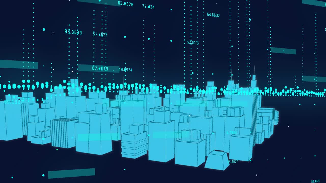 On start, camera panning and cyan 3D city grid showing floating data bars for overview