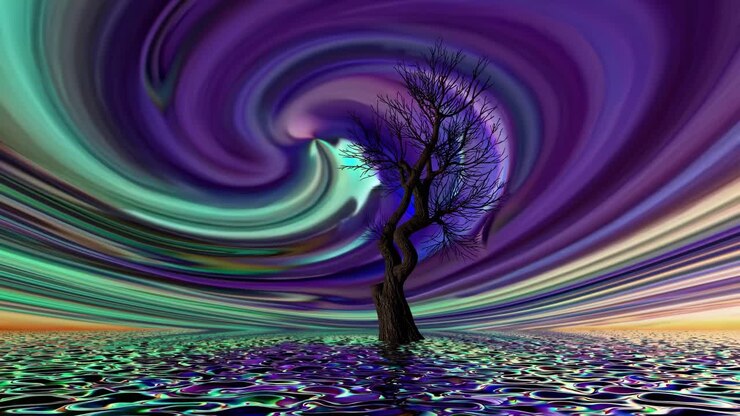 Surreal video scene with a lone tree against swirling purple skies