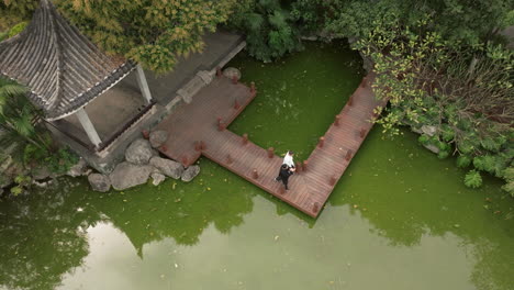 aerial view of people on a wooden walkway in a traditional chinese garden