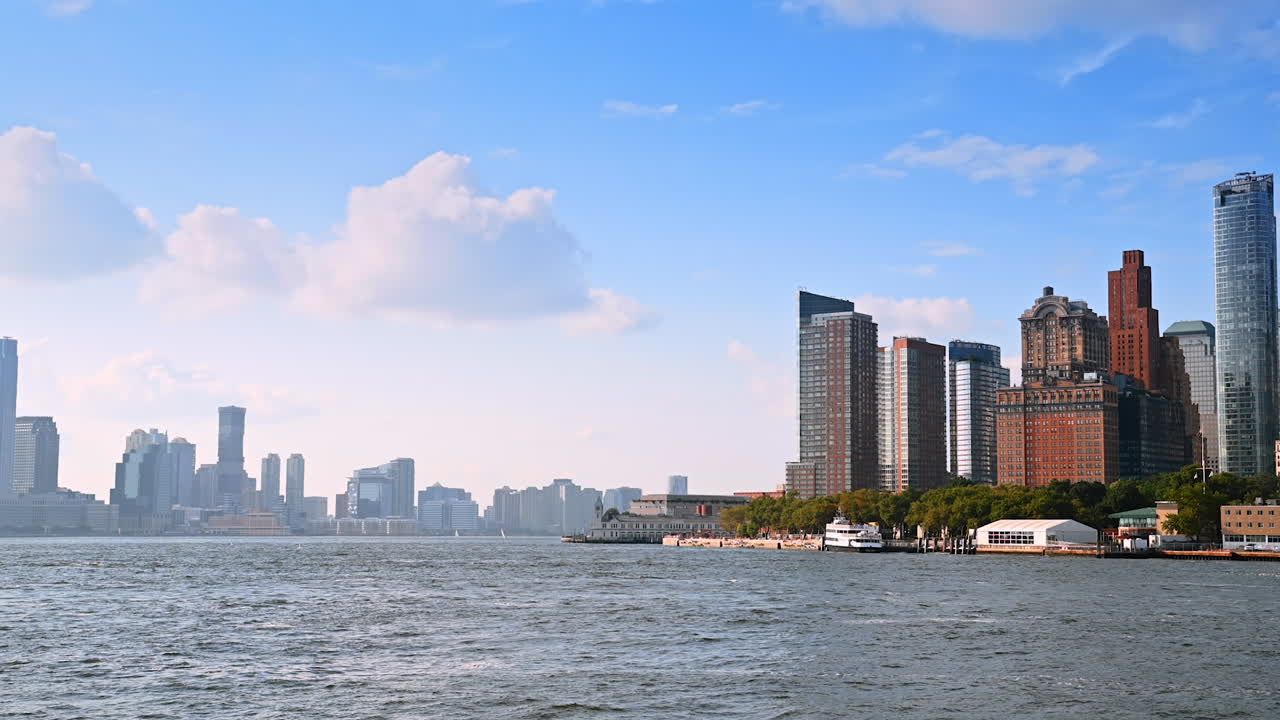Skyline of New York from the waterscape of the river. Watching the metropolis during the river tour