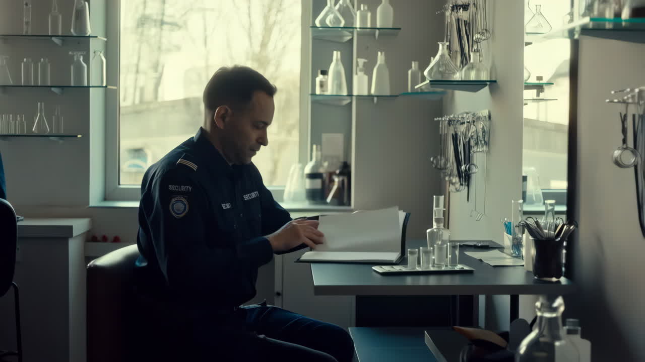 Guardia di sicurezza che esamina documenti in un laboratorio