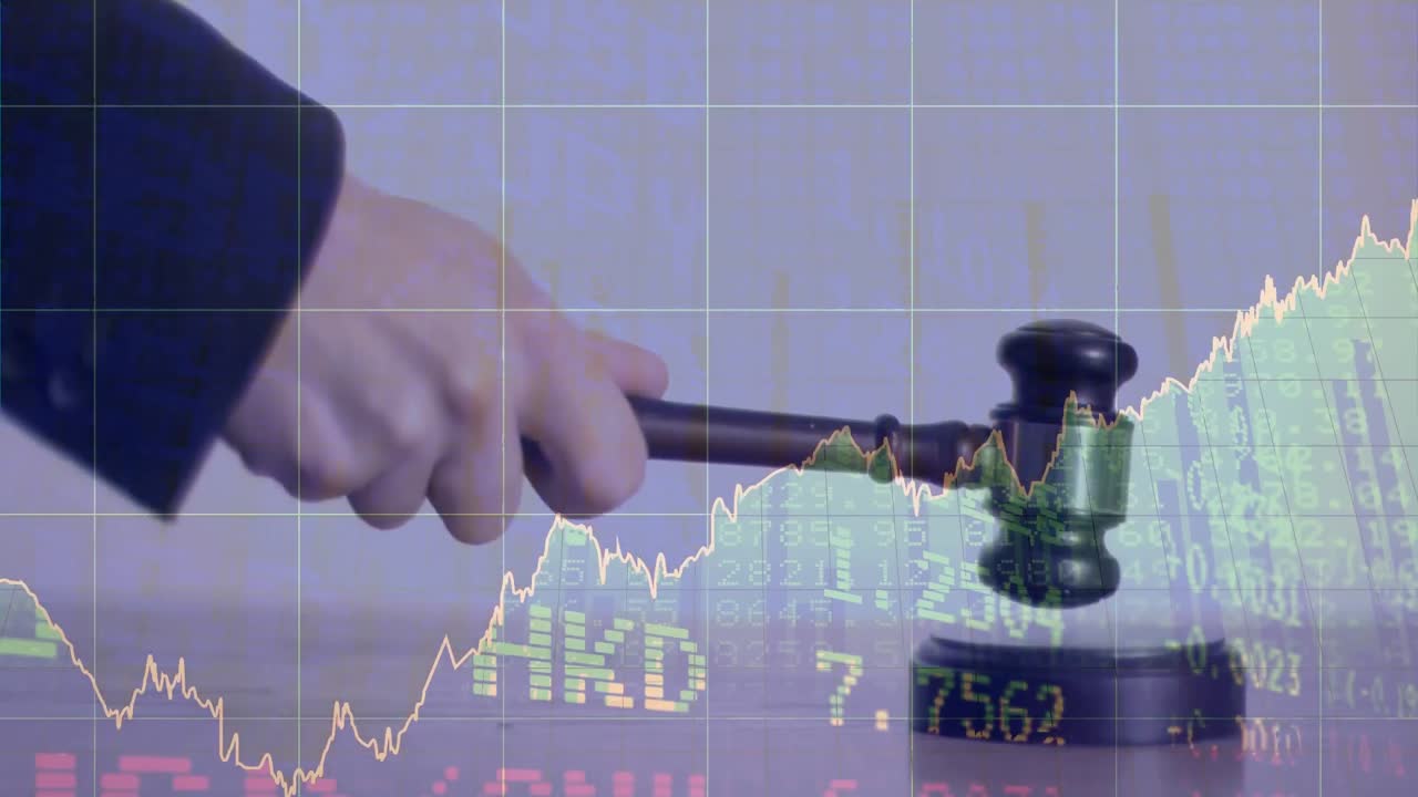 Animation of statistics and financial data processing over auctioneer's hammer
