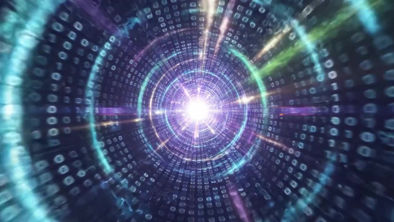 Una visualizzazione mozzafiato del flusso di dati attraverso un portale digitale, che evidenzia una luce brillante al centro con un intricato motivo di cerchi di codice binario che si irradiano verso l'esterno.