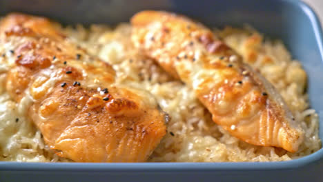 baked salmon with cheese and spicy miso rice bowl