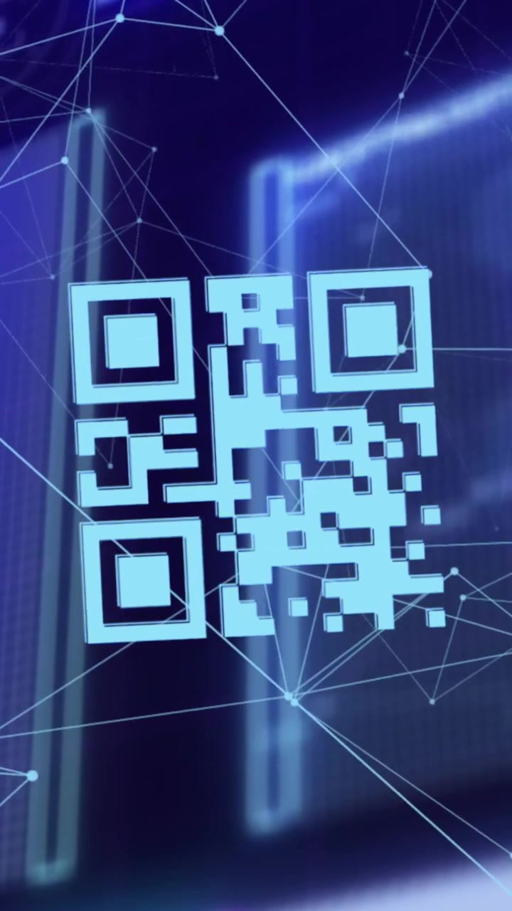 Animation of looping qr codes, connected dots with globe, computer language over abstract background