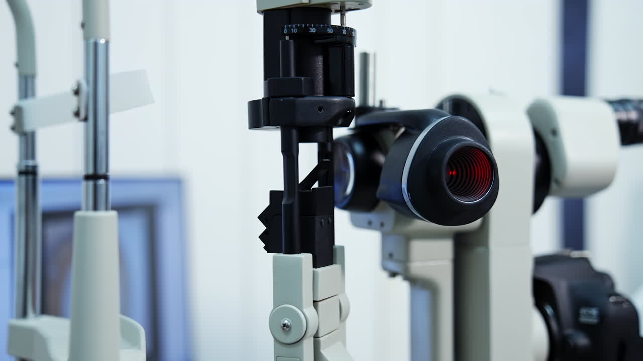 Modern medical device in ophthalmology office. Refractometer machine for eyesight examination. Doctor is checking the optical apparatus.