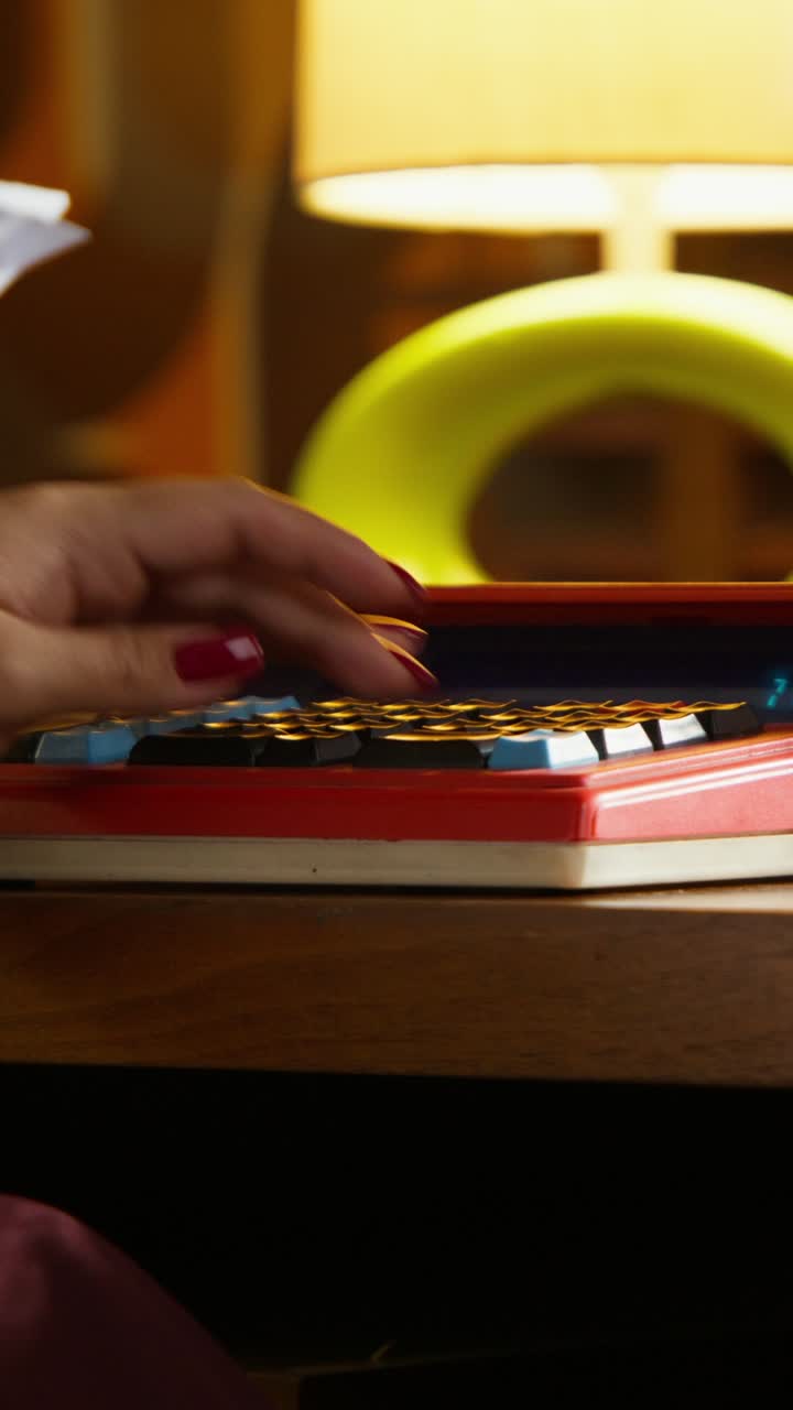 Woman working at a desk with vintage calculator and documents