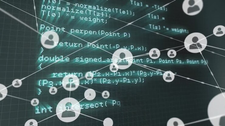 Animation of connected icons over lopping illuminated computer language against grid pattern