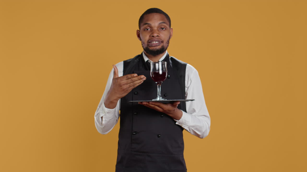 Waiter serving clients with a glass of red wine before dinner