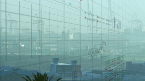 Animación-De-Múltiples-Gráficos-Y-Tableros-Comerciales-Sobre-Una-Vista-Aérea-De-La-Ciudad-Cubierta-De-Niebla