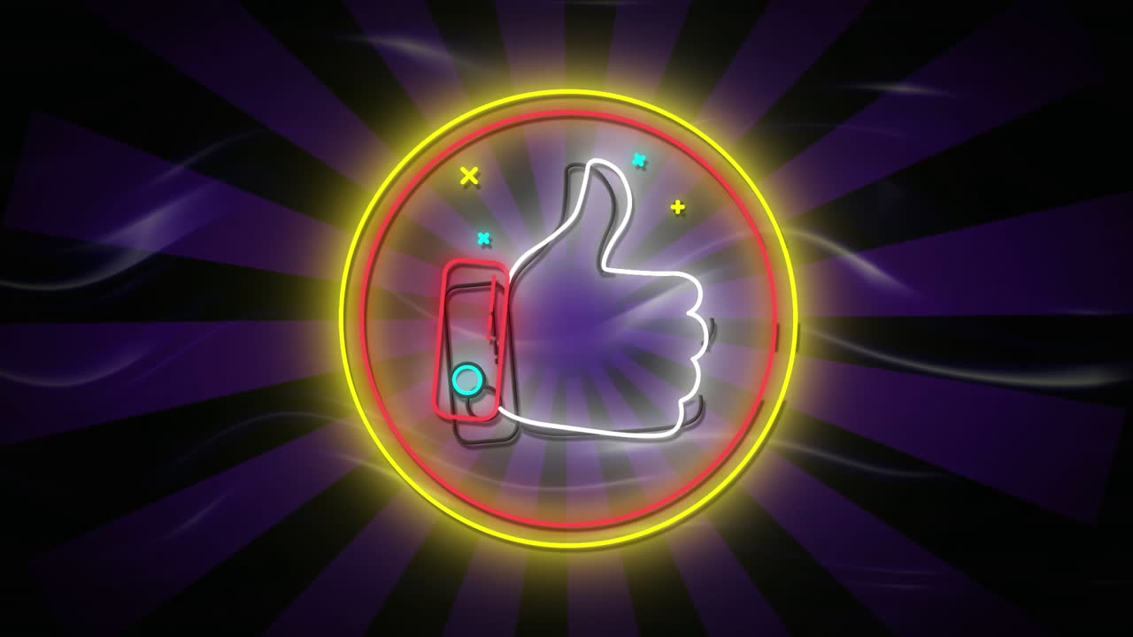 Animation of flickering neon digital thumbs up like icon in a glowing circle