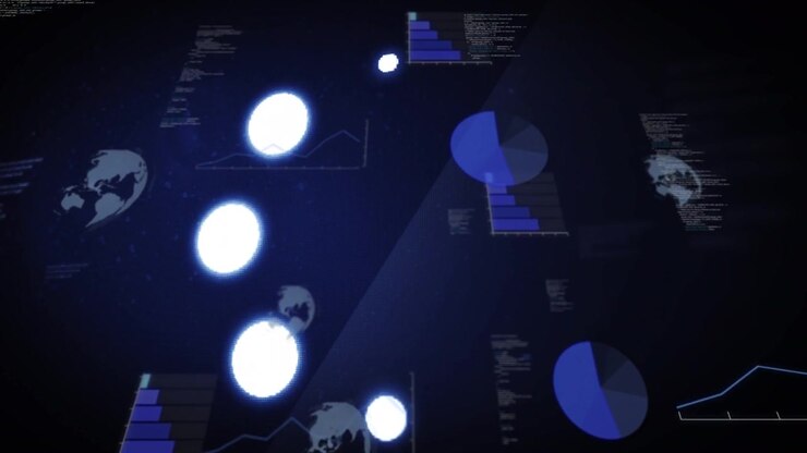 Bright orbs appearing upper right, descending, overlapping and revealing tech charts for analytics