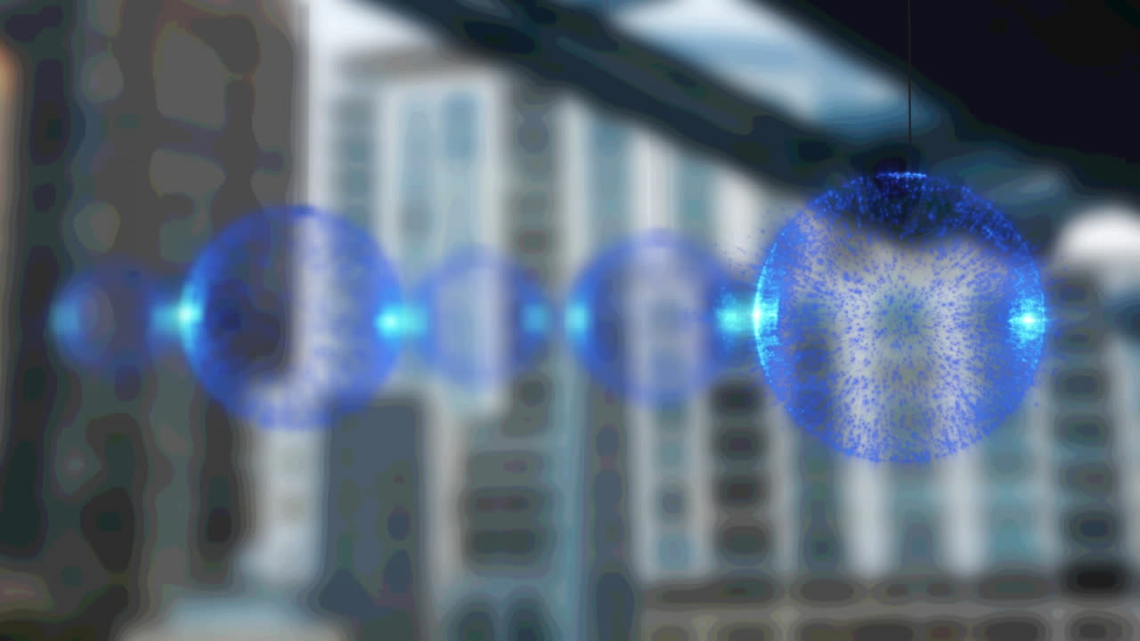 Animazione di palline luminose blu su un paesaggio urbano sfocato