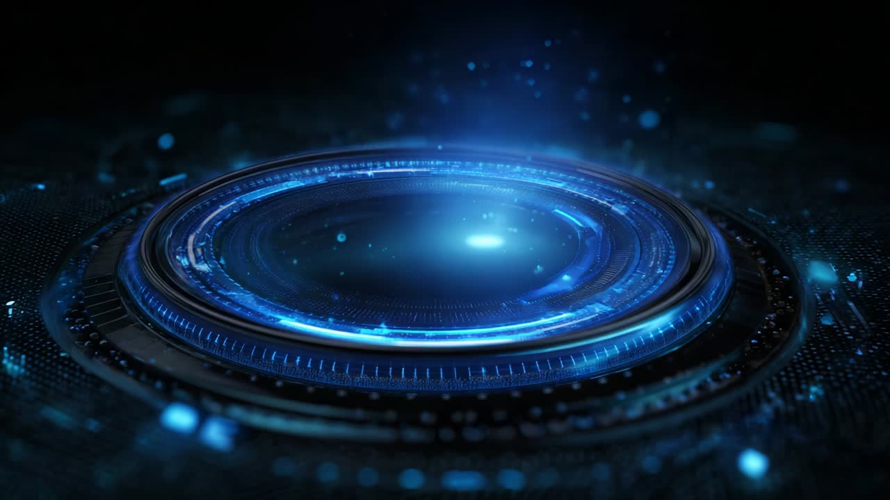 A captivating portrayal of a futuristic circular interface glowing with vibrant blue and mesmerizing particles, evoking a sense of advanced technology and digital innovation in a dark environment