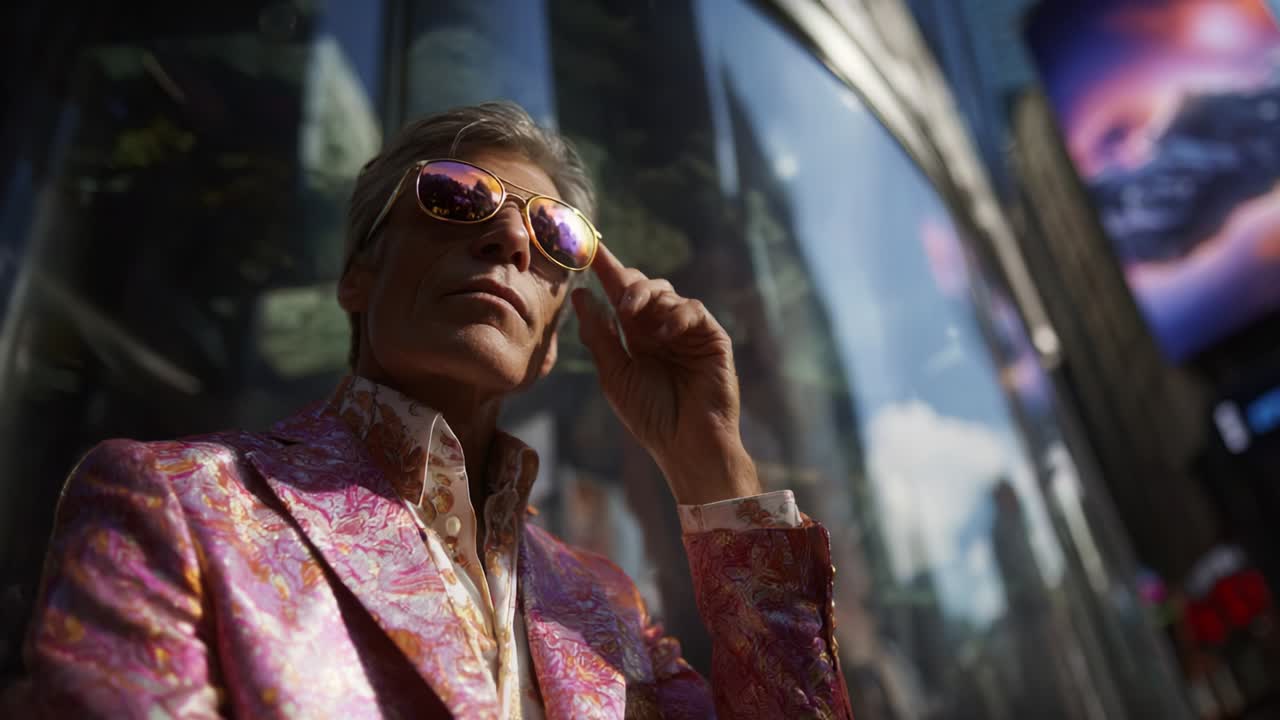 A Stylish Figure in Vibrant Fashion Poses Confidently Against a Cityscape Backdrop, Showcasing Bold Style with Reflective Sunglasses and a Striking Attitude Amidst Urban Vibes and Modernity