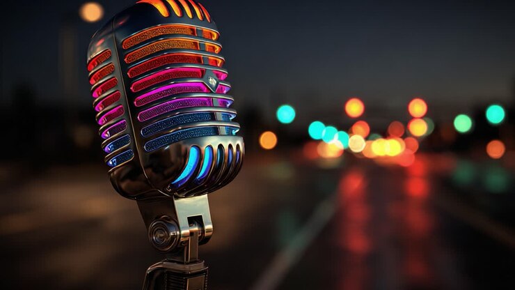 Accattivante primo piano di un microfono colorato su uno sfondo notturno sfocato, che mette in risalto luci vivaci e un'atmosfera intima, perfetto per musica ed esibizioni