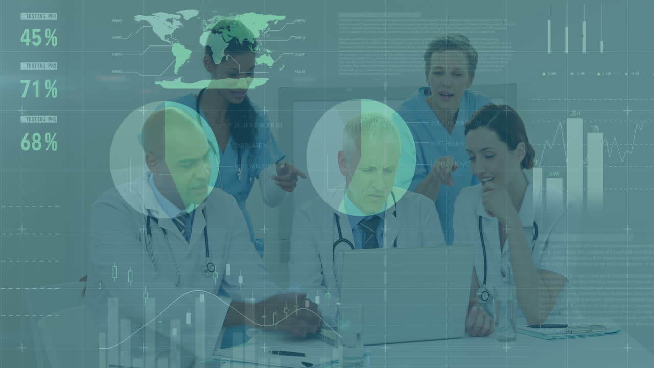 анимация графиков и данных над счастливыми разнообразными женщинами и мужчинами-врачами с ноутбуком