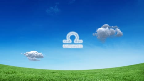 Animation-of-libra-star-zodiac-sign-formed-with-white-clouds-on-blue-sky-over-meadow