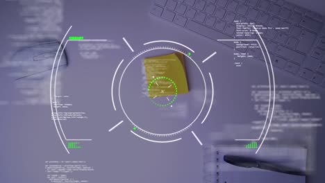 Animación-De-Estadísticas-Y-Procesamiento-De-Datos-Sobre-Un-Escritorio-Con-Computadora-Y-Artículos-De-Oficina