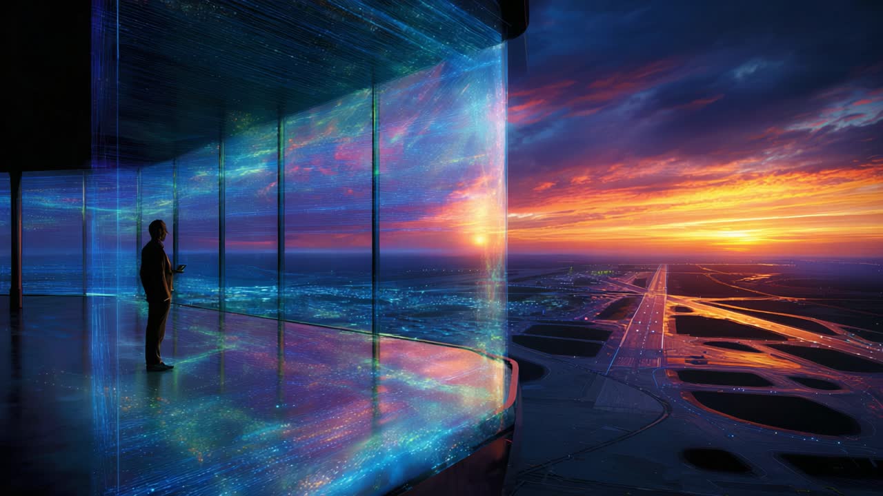 Futuristic Viewpoint: A Solitary Figure Gazes Out Over a Digital Oasis at Sunset, Surrounded by Vibrant Colors and Modern Architecture, Embodying Serenity and Technological Innovation