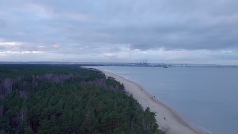 Luftflug-über-Der-Waldstrandküste-In-Der-Nähe-Von-Górki-Zachodnie-An-Einem-Ruhigen,-Bewölkten-Nachmittag