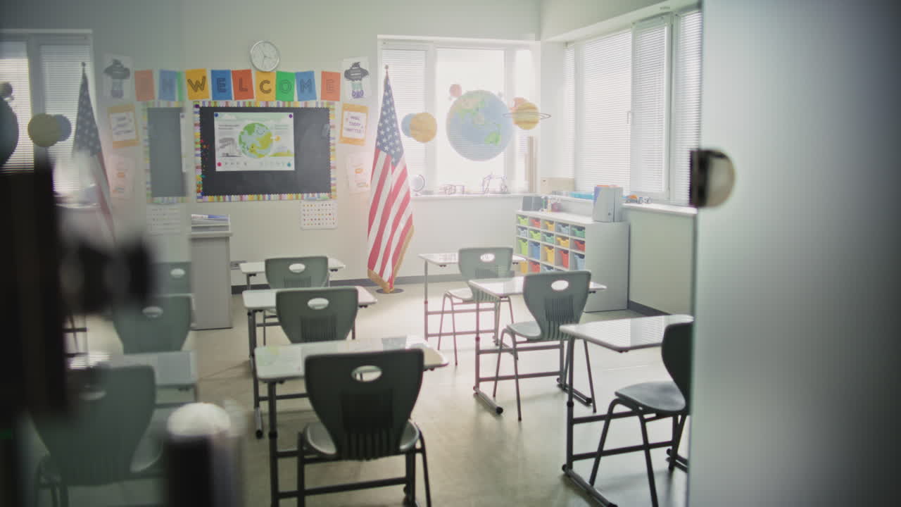 American Primary School Interior of Modern Empty Classroom with Desks for Students