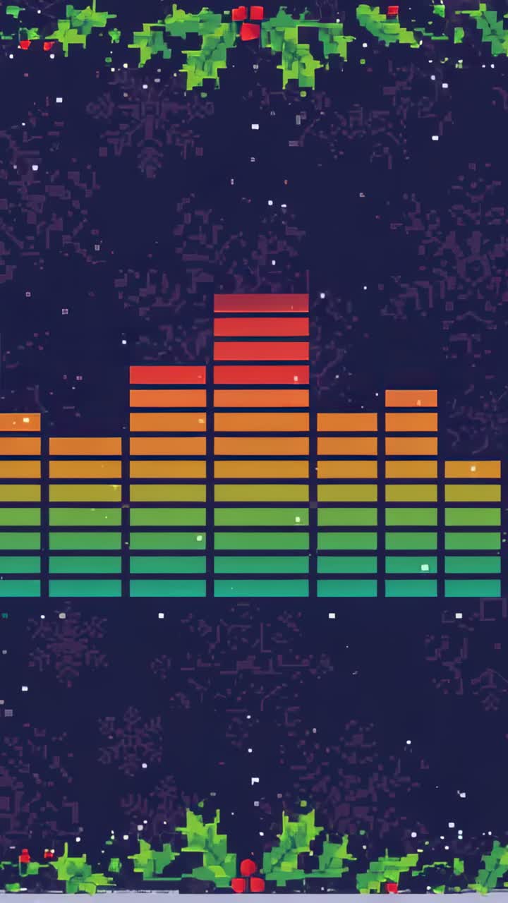 Vertical video: Reacting to beat EQ bars pulsing shifting peaks across snowy backdrop with holly