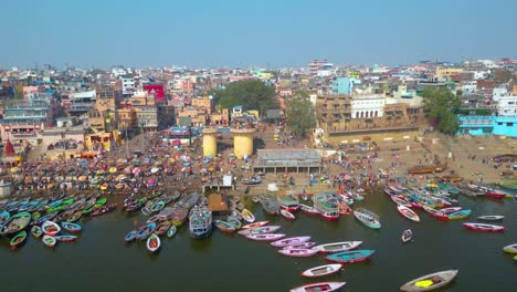 AERIAL-view-of-Dashashwamedh-Ghat,-Kashi-Vishwanath-Temple-and-Manikarnika-Ghat-Manikarnika-Mahashamshan-Ghat-Varanasi-India