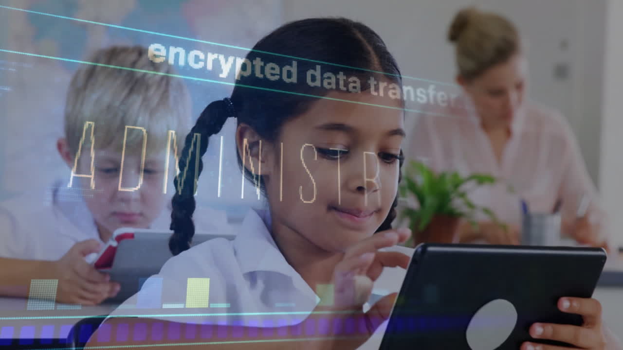 girl student using tablet in classroom, viewing animated bar charts and encrypted data transfer