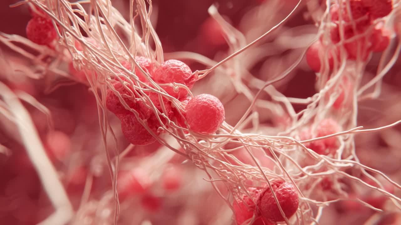 A Close-Up View of Intricate Cellular Structures: Examining the Intertwined Patterns and Textures of Cellular Matter with Red Spheres and Delicate Filaments in Microscopic Detail