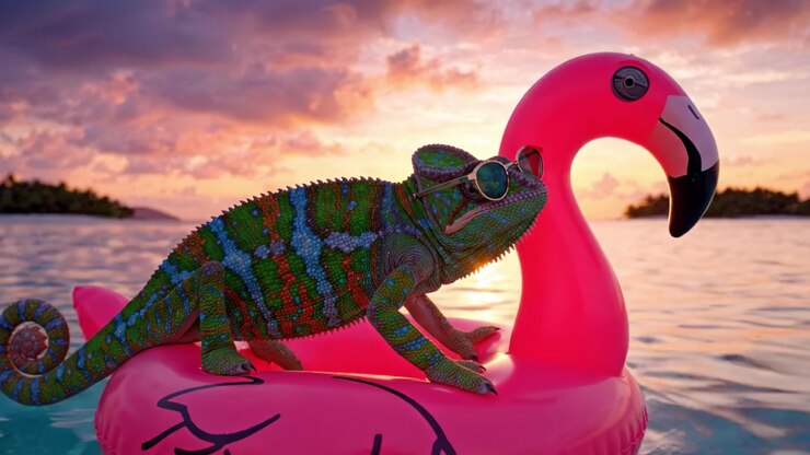 A Colorful Chameleon Wearing Sunglasses Enjoys a Relaxing Sunset on a Pink Flamingo Pool Float in a Serene Ocean Setting