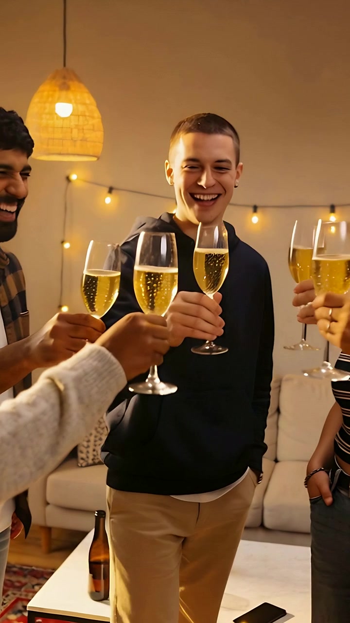 Vertical video: Stepping closer center man in hoodie and friends clinking glasses at home, toasting