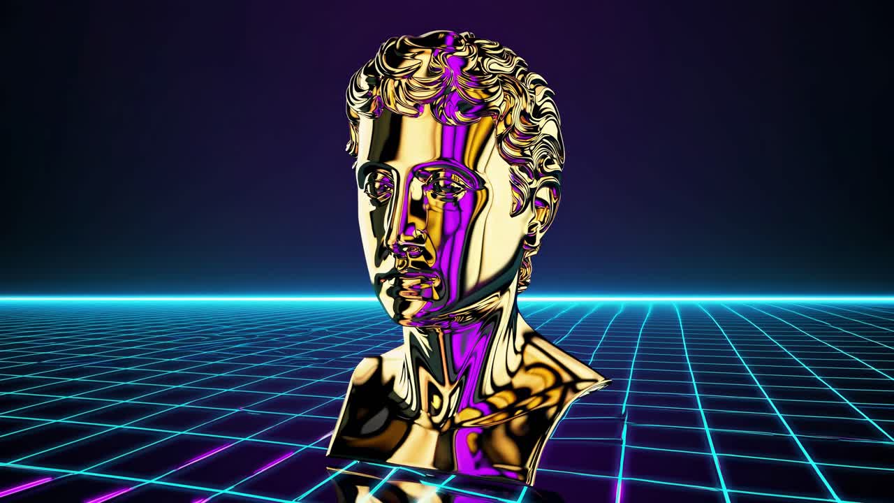 busto clásico dorado en un entorno retro futurista