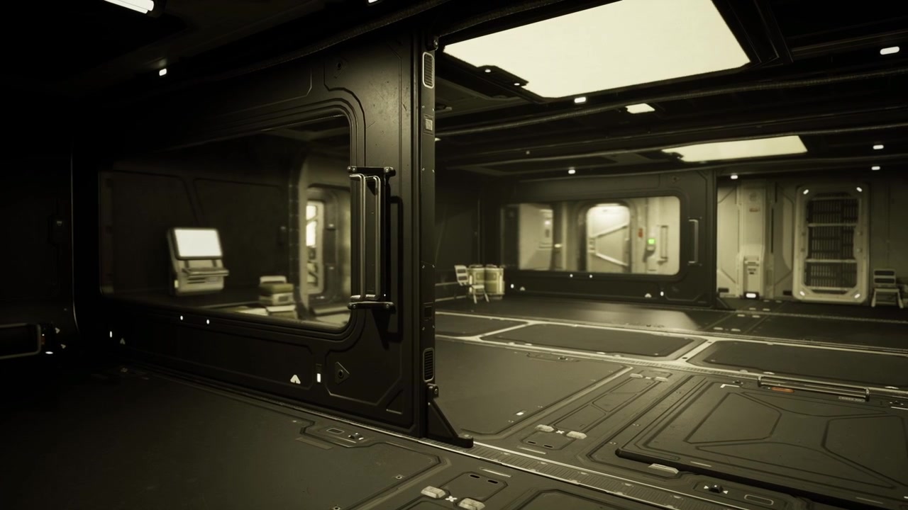 Tranquil space station lounge featuring chairs and distant crates