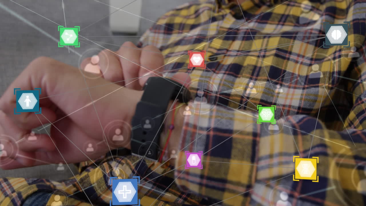 animación de una conexión web sobre un hombre caucásico sentado en un sofá