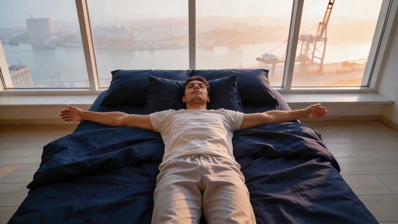 Luce del sole che illumina la finestra del porto, uomo che si sveglia su un letto blu navy, sollevando la testa, aprendo gli occhi, allungandosi.