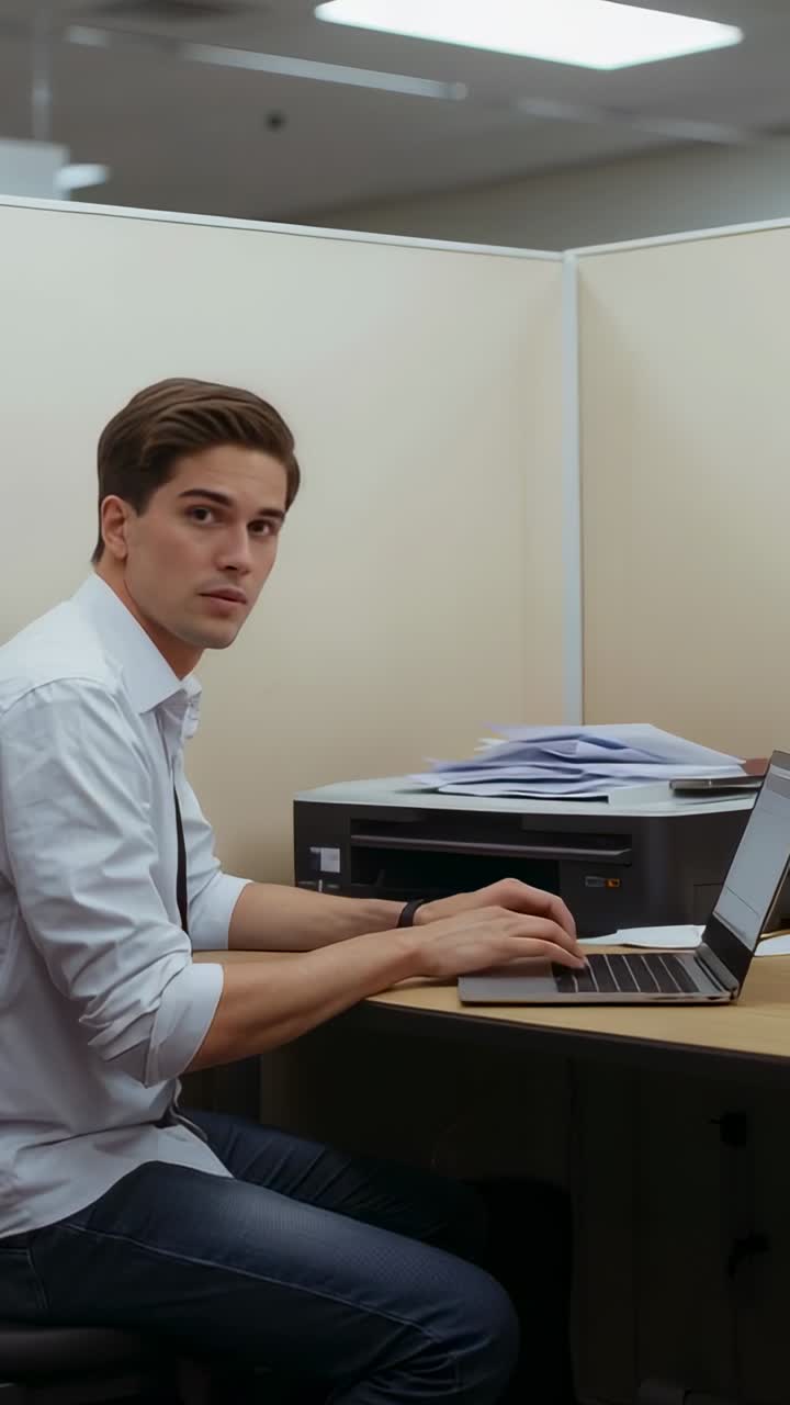 Video verticale: uomo in camicia che scrive, si ferma, si gira verso la camera in un cubicolo con laptop, allarmato da un rumore