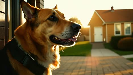 a golden retriever dog sitting outside a house looking at something.