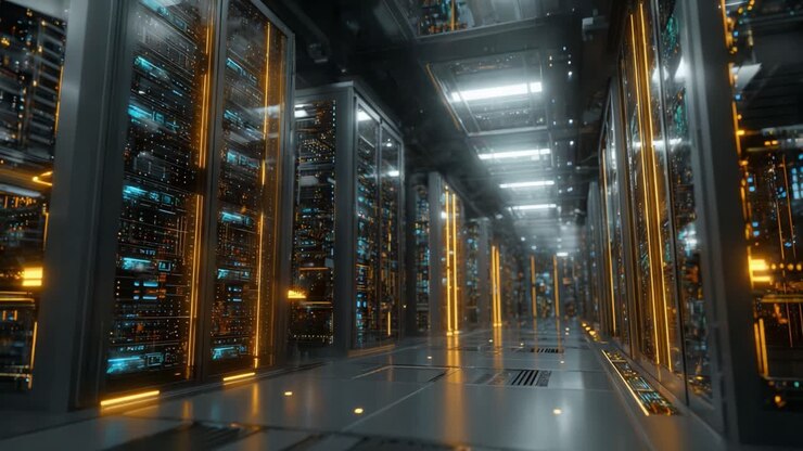 A Stunning High-Tech Data Center Corridor Captured in Two Frames, Showcasing Rows of Illuminated Server Racks and Advanced Networking Equipment
