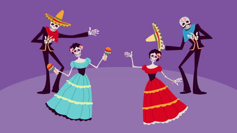 day of the dead skeletons dancing in mariachi costumes