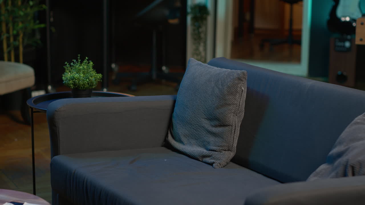 Contemporary apartment with modern indoor plants and neon lights creating a cozy casual living room with a smart tv and comfortable setup. Empty studio loft with trendy furniture.