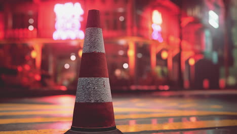 traffic cone on a city street at night