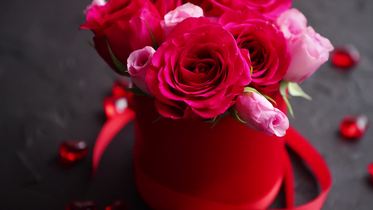 Bouquet di rose rosa confezionato in una scatola rossa e posizionato su uno sfondo di pietra nera