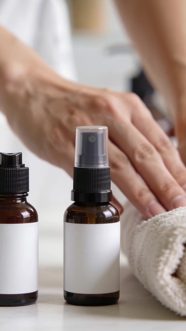 Video verticale: Mano che si allunga per sistemare una bottiglia spray color ambra e lisciare un asciugamano sul mobile da bagno per lo styling.
