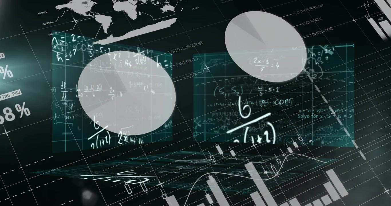 Animasi pemrosesan data statistik dan layar dengan persamaan matematika dengan latar belakang hitam