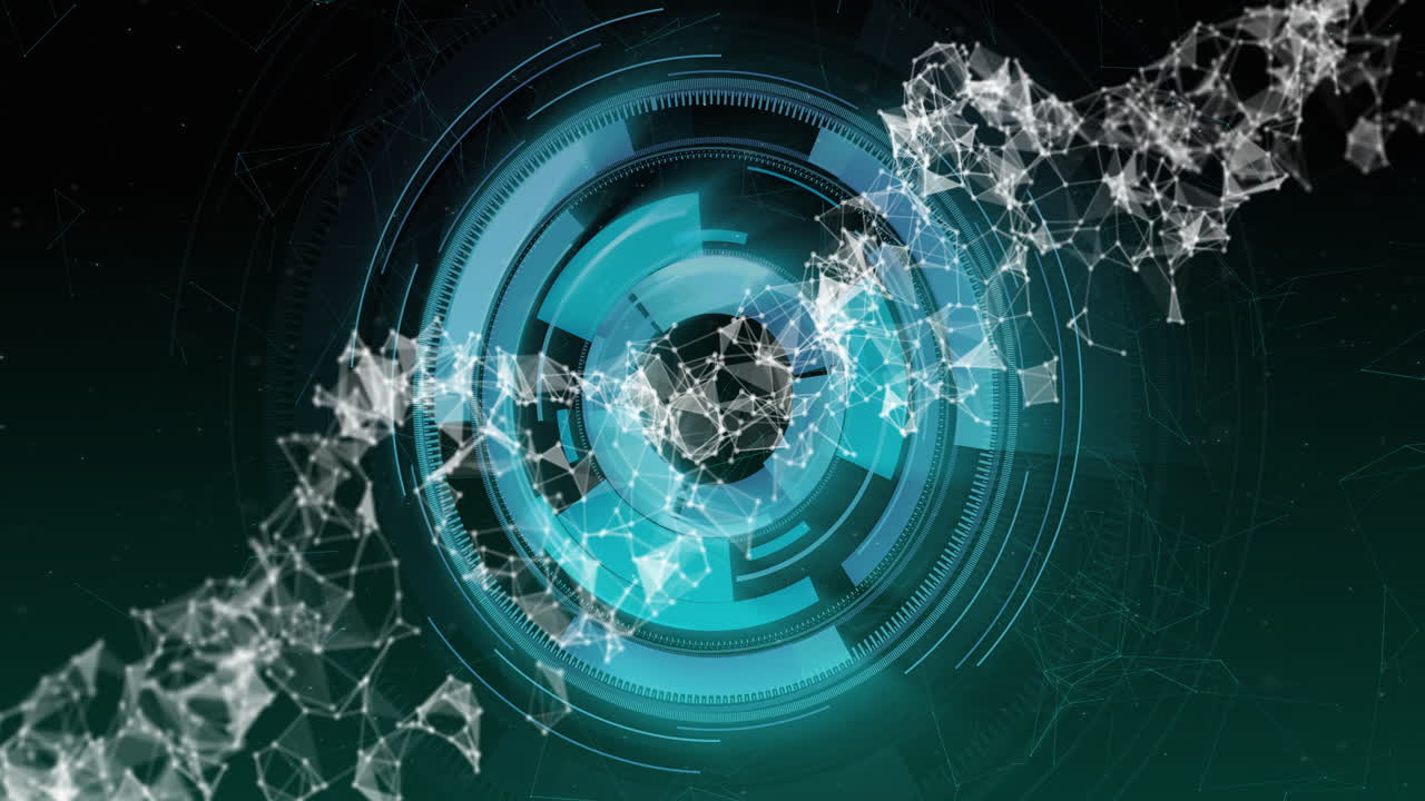 서로 연결된 노드와 기하학적 모양을 가진 회전하는 디지털 인터페이스, 미래의 애니메이션