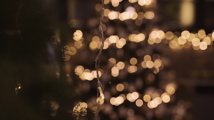 la cámara se enfoca en guirnaldas de luces navideñas doradas en una sala de fiestas oscura decorada con un árbol de navidad 1