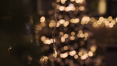 la cámara se enfoca en guirnaldas de luces navideñas doradas en una sala de fiestas oscura decorada con un árbol de navidad 1